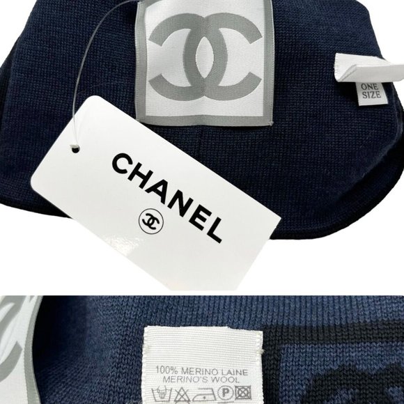 CHANEL Sport 07A Vintage Coco Mark Logo Beanie Hat Black Merino Wool Rank AB+ - Picture 7 of 11